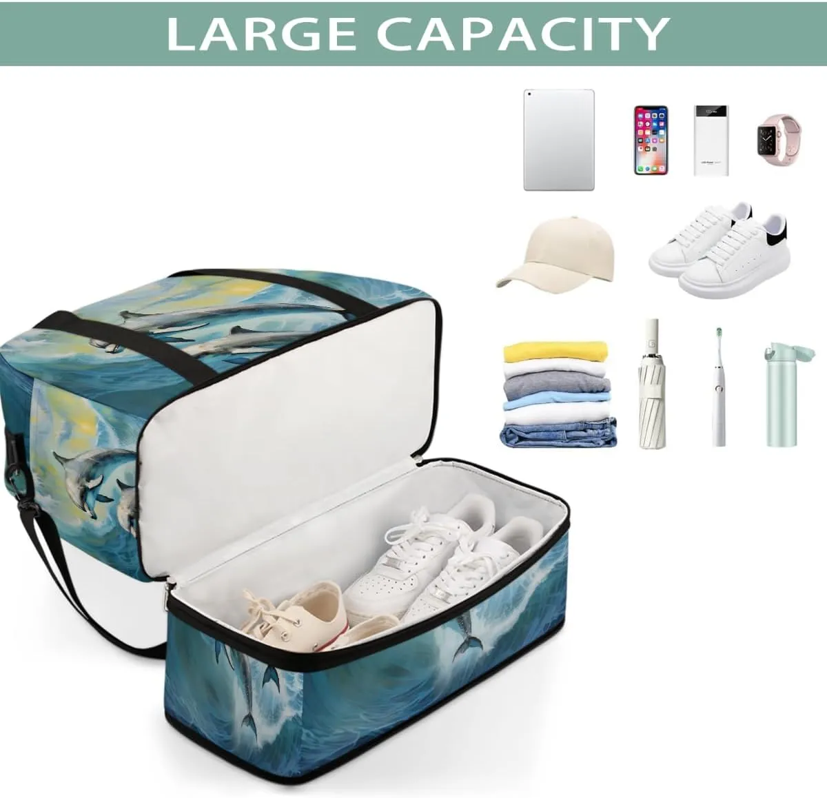 Sports Gym Bag Animal Dolphin Ocean Large Travel Duffel Bag With Shoe Compartment Foldable Waterproof Carry-On Weekend Travel Bags for Camping Overnight Yoga Hospital Travel Bags