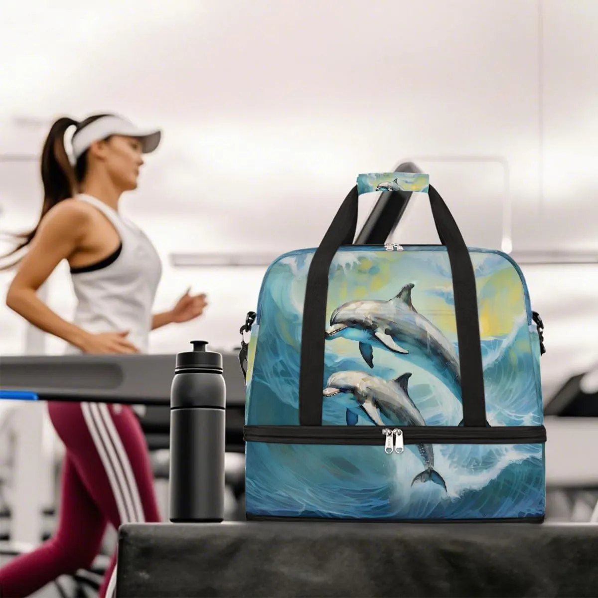 Sports Gym Bag Animal Dolphin Ocean Large Travel Duffel Bag With Shoe Compartment Foldable Waterproof Carry-On Weekend Travel Bags for Camping Overnight Yoga Hospital Travel Bags