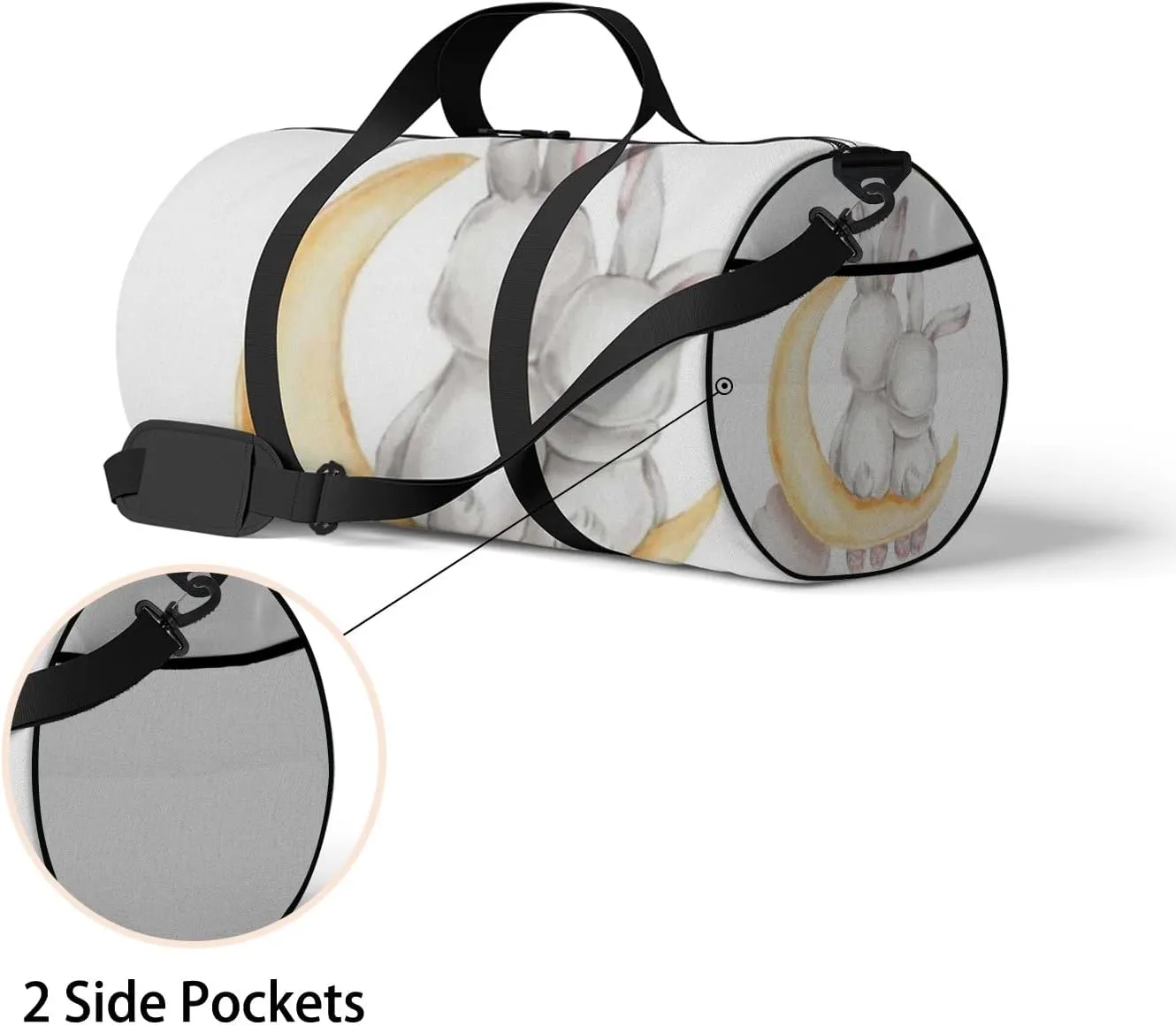 Sports Gym Bag for Women and Men Waterproof Bunny Couple Moon Watercolor White Duffel Bag Lightweight Carryon Traveling Boarding Gripsack