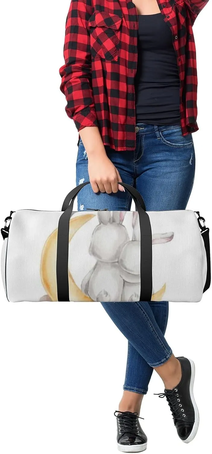 Sports Gym Bag for Women and Men Waterproof Bunny Couple Moon Watercolor White Duffel Bag Lightweight Carryon Traveling Boarding Gripsack