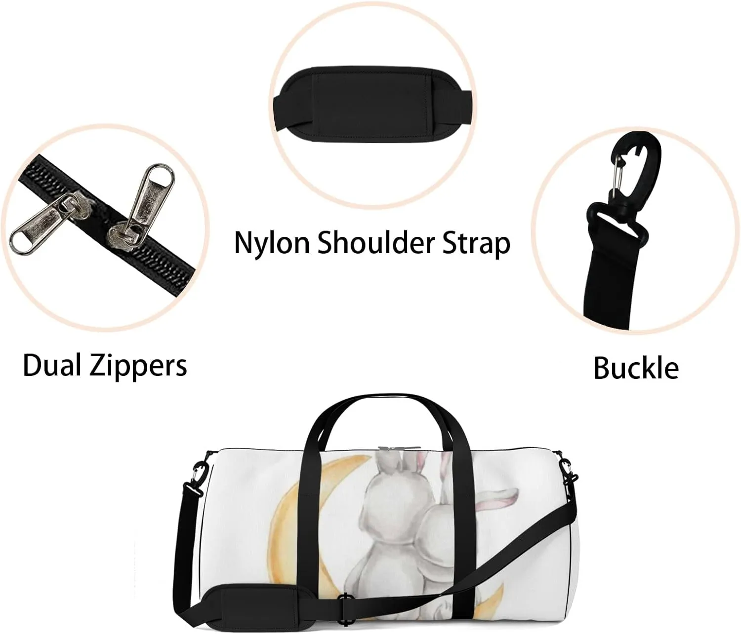 Sports Gym Bag for Women and Men Waterproof Bunny Couple Moon Watercolor White Duffel Bag Lightweight Carryon Traveling Boarding Gripsack