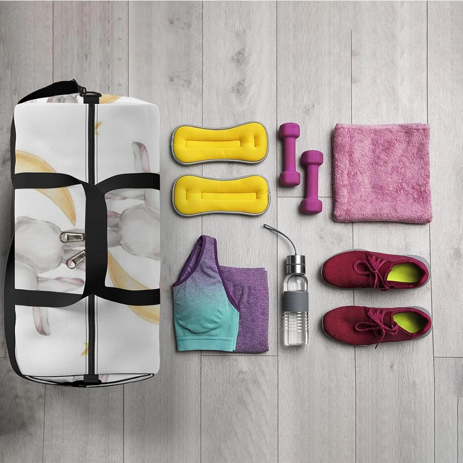 Sports Gym Bag for Women and Men Waterproof Bunny Couple Moon Watercolor White Duffel Bag Lightweight Carryon Traveling Boarding Gripsack