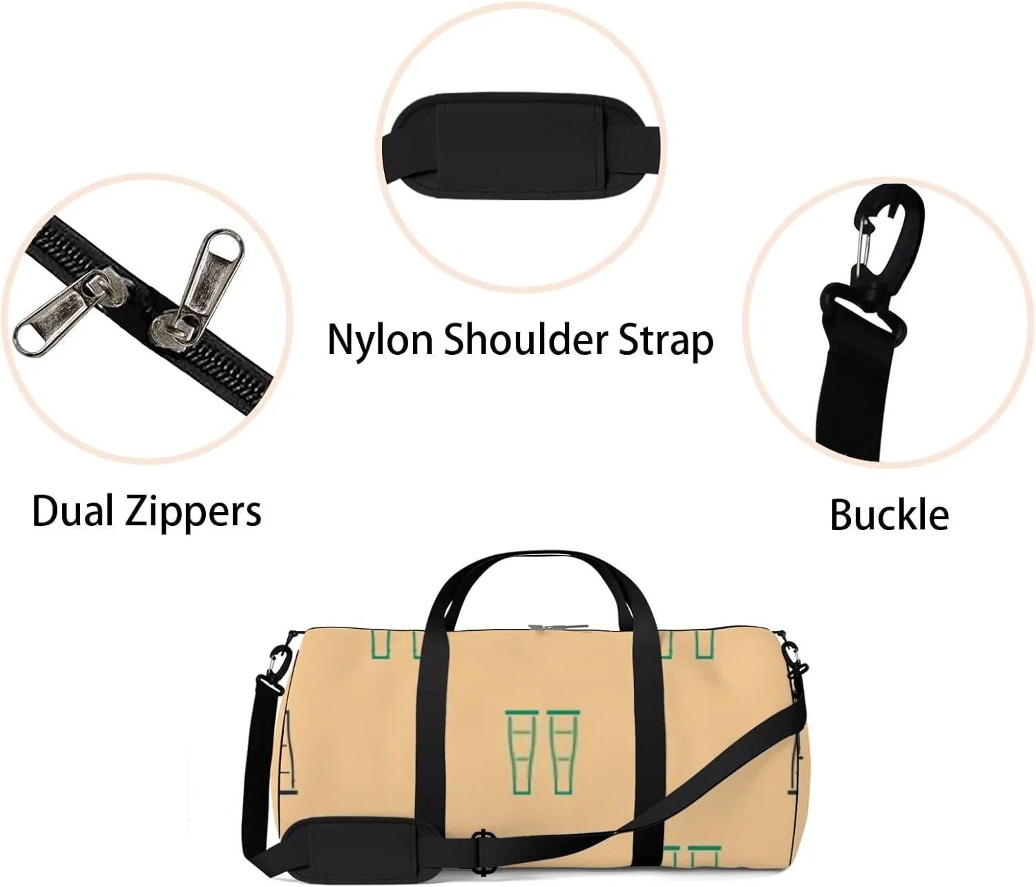 Sports Gym Bag for Women and Men Waterproof Green Black Pattern Beige Duffel Bag Lightweight Carryon Traveling Boarding Gripsack