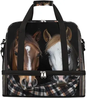 Sports Gym Bag Lattice Wood Grain Horse Large Travel Duffel Bag With Shoe Compartment Foldable Waterproof Carry-On Weekend Travel Bags for Camping Overnight Yoga Hospital Travel Bags