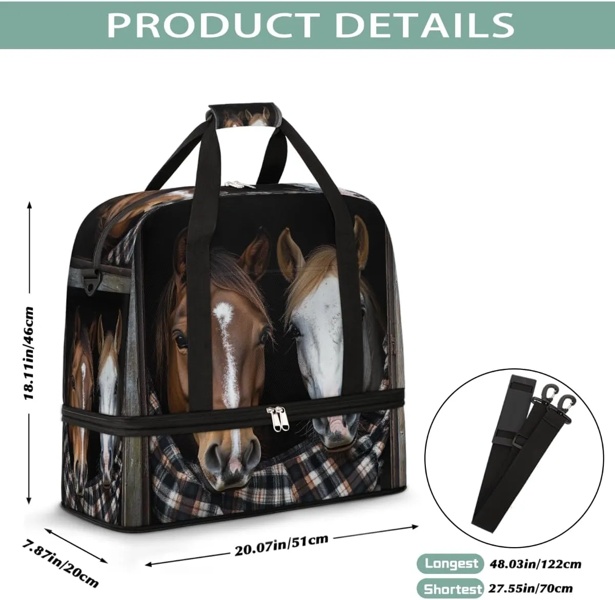 Sports Gym Bag Lattice Wood Grain Horse Large Travel Duffel Bag With Shoe Compartment Foldable Waterproof Carry-On Weekend Travel Bags for Camping Overnight Yoga Hospital Travel Bags