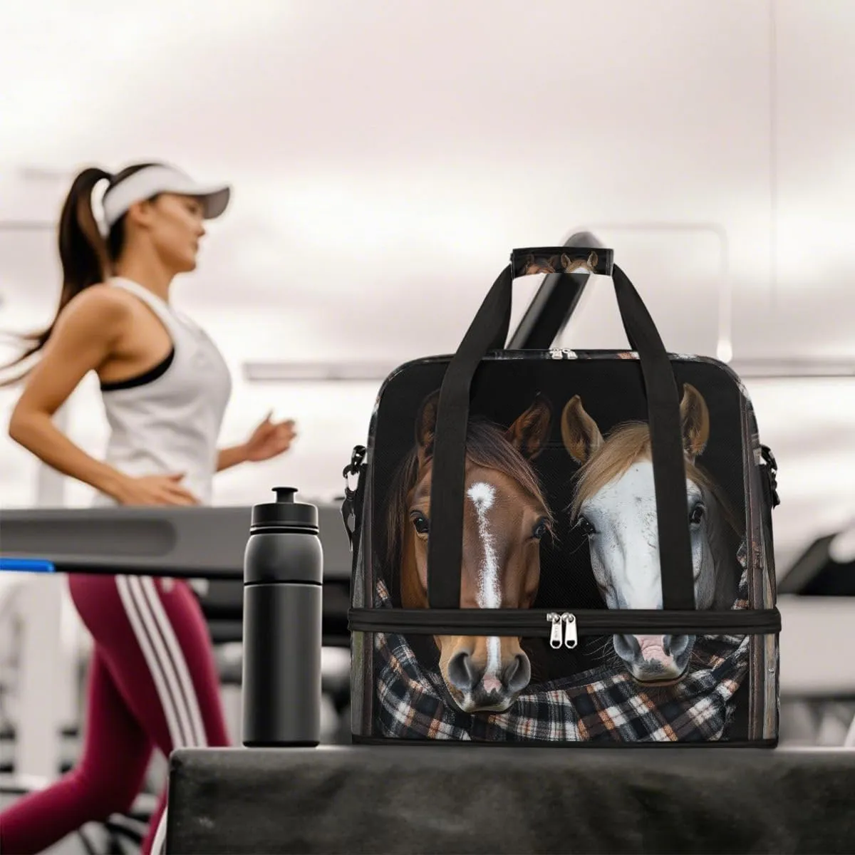 Sports Gym Bag Lattice Wood Grain Horse Large Travel Duffel Bag With Shoe Compartment Foldable Waterproof Carry-On Weekend Travel Bags for Camping Overnight Yoga Hospital Travel Bags