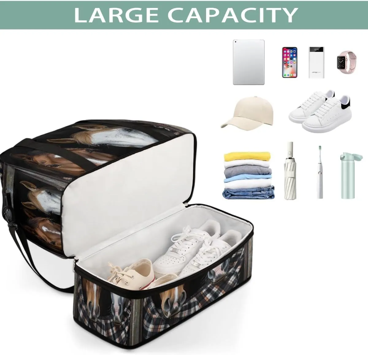Sports Gym Bag Lattice Wood Grain Horse Large Travel Duffel Bag With Shoe Compartment Foldable Waterproof Carry-On Weekend Travel Bags for Camping Overnight Yoga Hospital Travel Bags