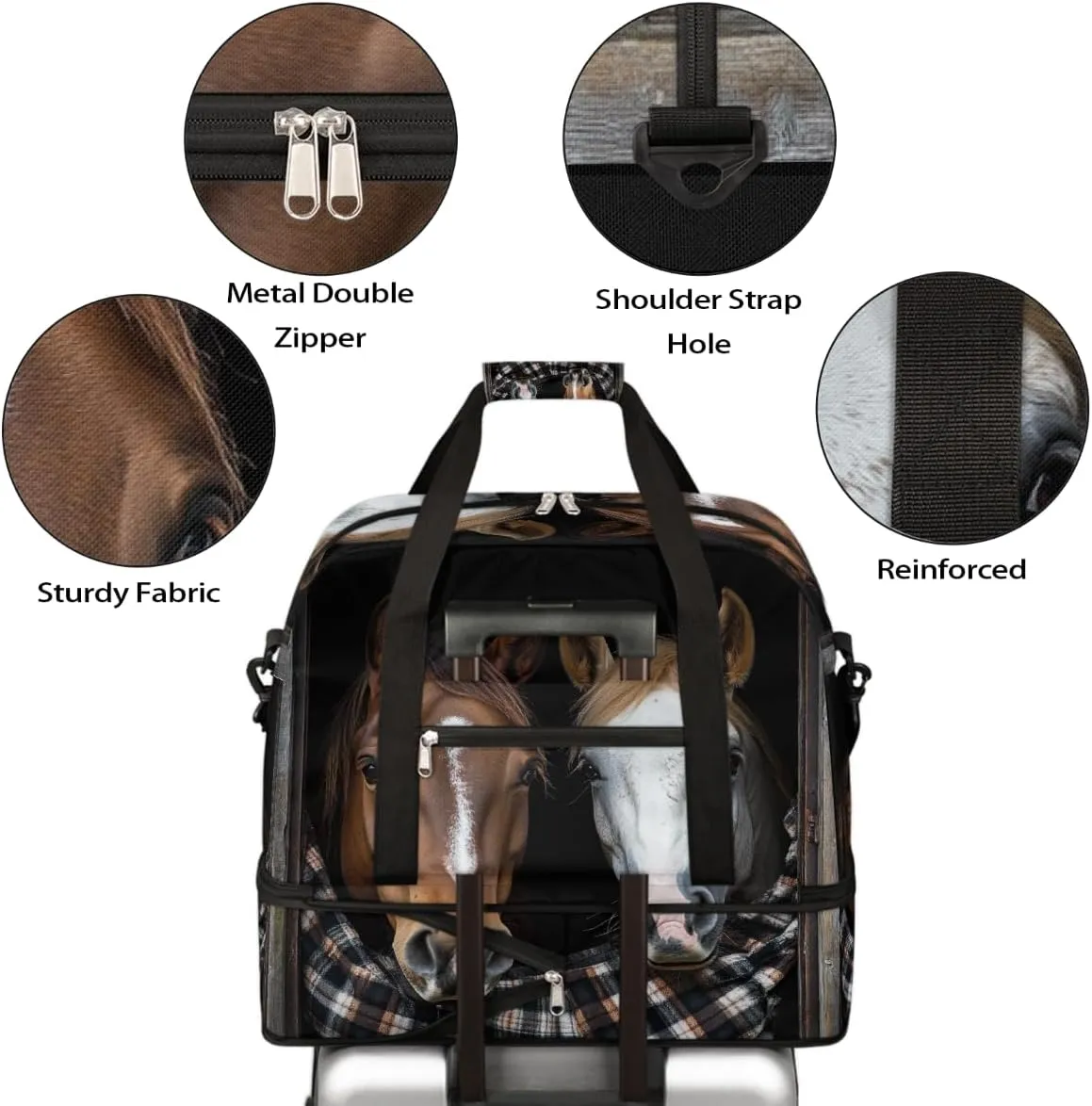 Sports Gym Bag Lattice Wood Grain Horse Large Travel Duffel Bag With Shoe Compartment Foldable Waterproof Carry-On Weekend Travel Bags for Camping Overnight Yoga Hospital Travel Bags