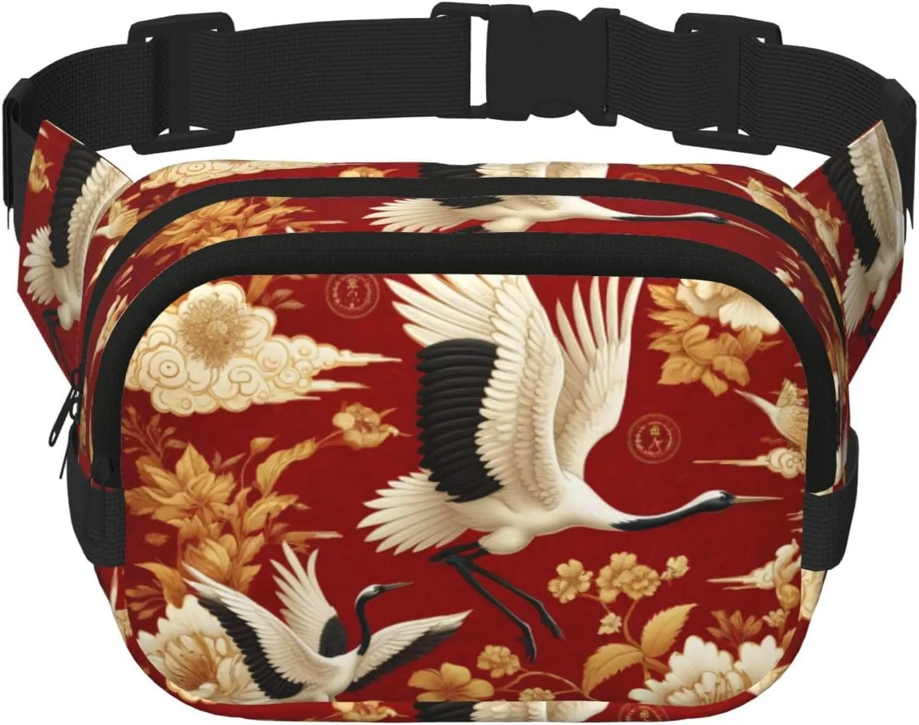 Square Chinese-Prosperity-Cranes-Peonies Double-Layer Sport Fanny Pack Waist Pack Large Crossbody Waist Bag For Running Travel Walking