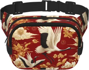 Square Chinese-Prosperity-Cranes-Peonies Double-Layer Sport Fanny Pack Waist Pack Large Crossbody Waist Bag For Running Travel Walking