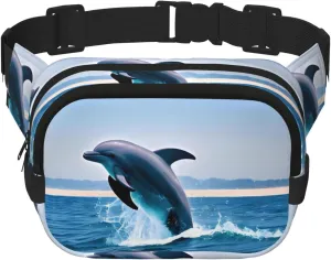 Square Double Layer Waist Bag - Crossbody Bag/Adjustable Strap Chest,for Travel Workout Running print Jumping up dolphins