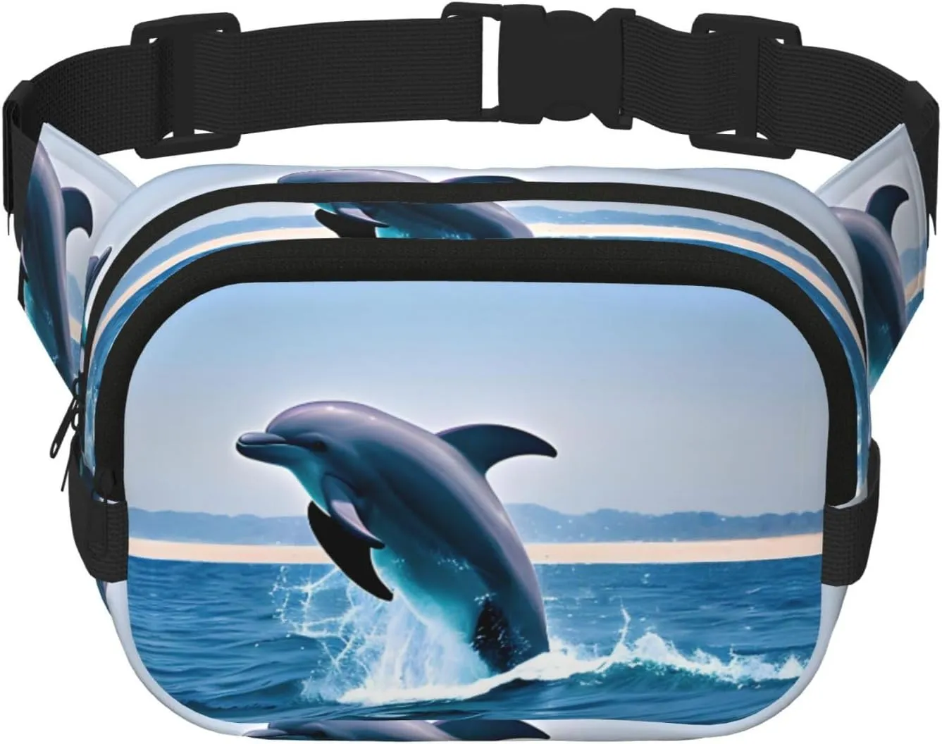 Square Double Layer Waist Bag - Crossbody Bag/Adjustable Strap Chest,for Travel Workout Running print Jumping up dolphins