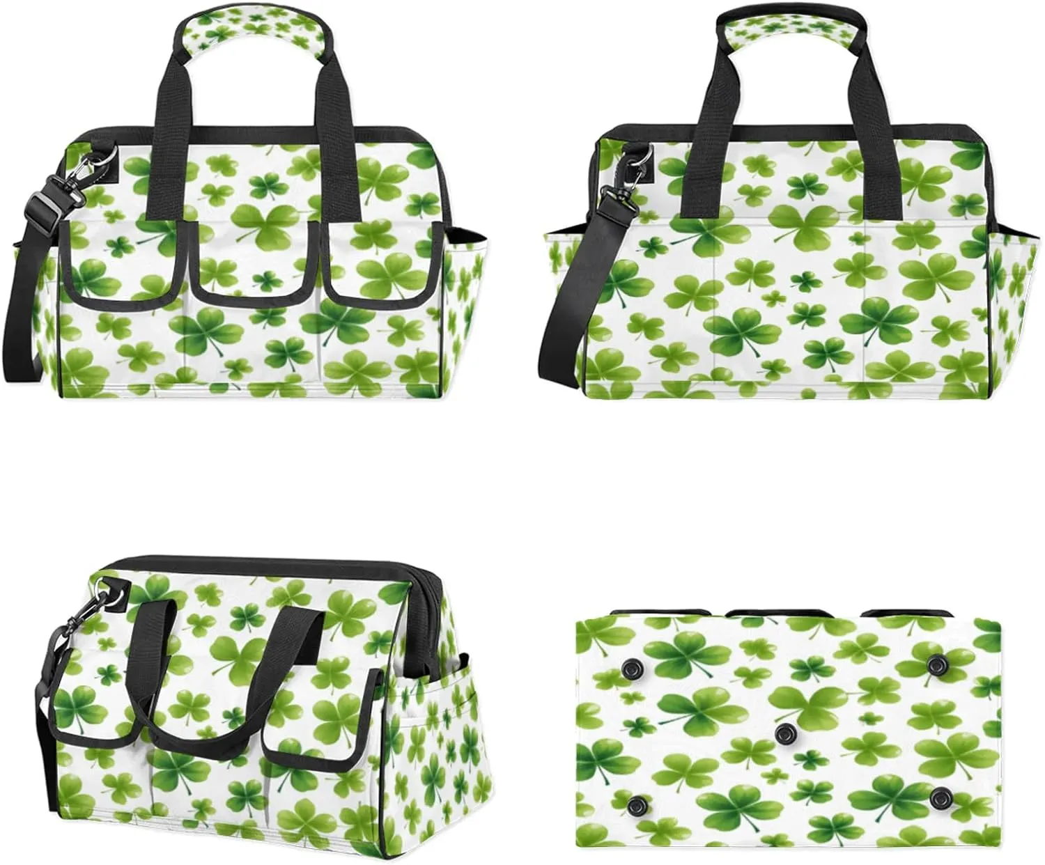 St Patricks Day Lucky Clover Heavy Duty Tool Bags for Men and Women 14.8 Inch, Soft Wide Mouth Tool Tote Organizer Bag with Adjustable Shoulder Strap