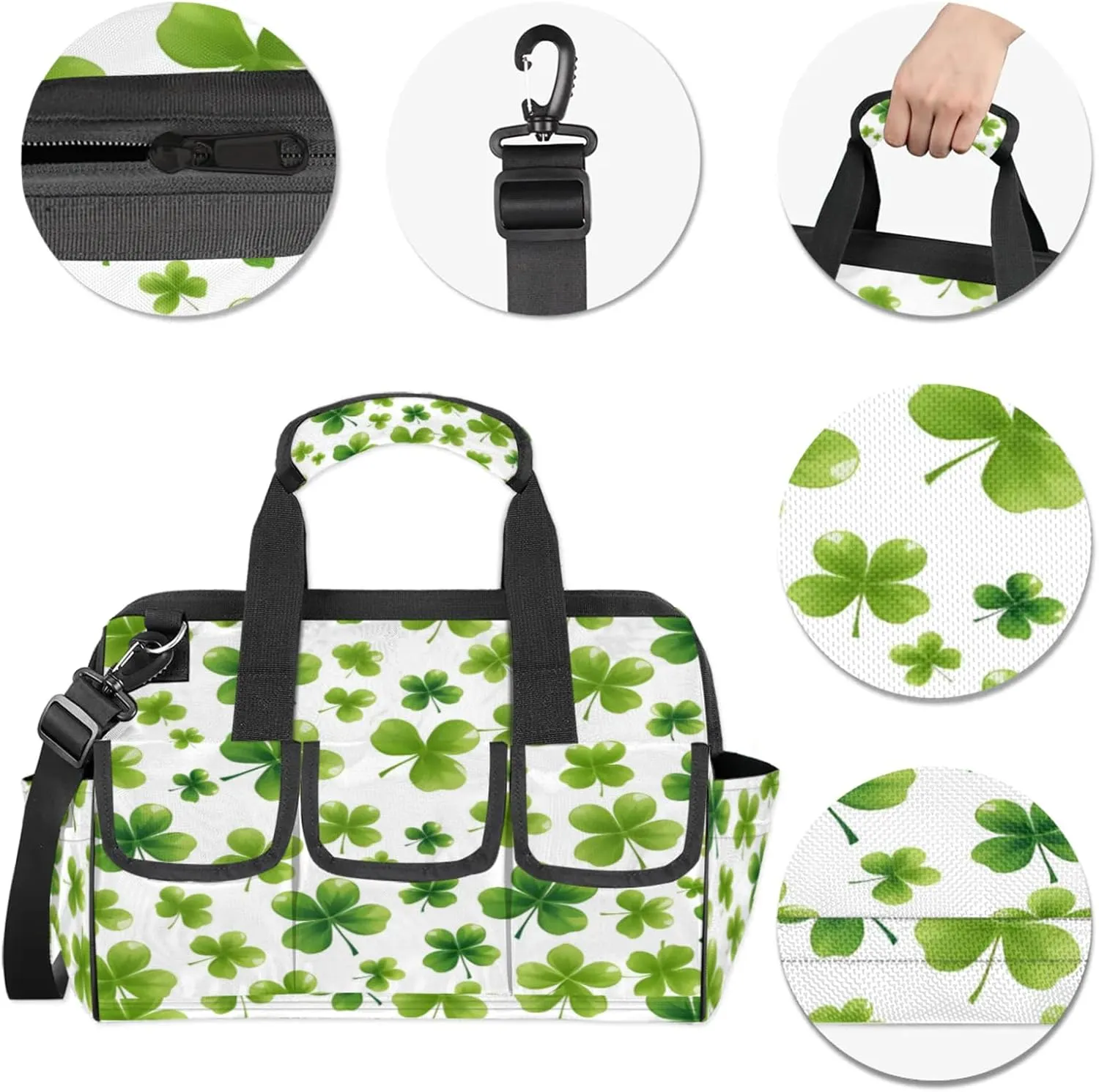St Patricks Day Lucky Clover Heavy Duty Tool Bags for Men and Women 14.8 Inch, Soft Wide Mouth Tool Tote Organizer Bag with Adjustable Shoulder Strap