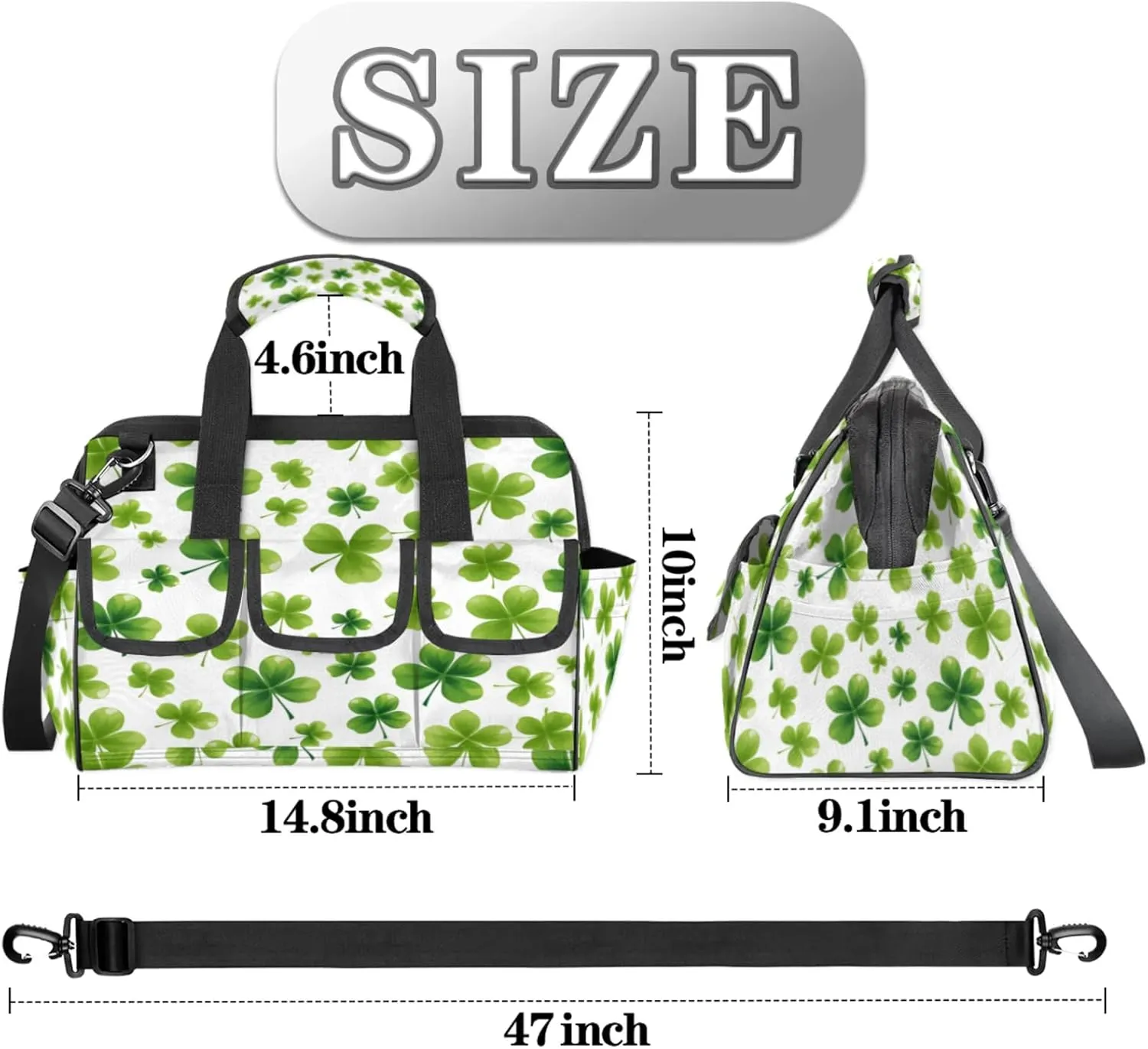 St Patricks Day Lucky Clover Heavy Duty Tool Bags for Men and Women 14.8 Inch, Soft Wide Mouth Tool Tote Organizer Bag with Adjustable Shoulder Strap