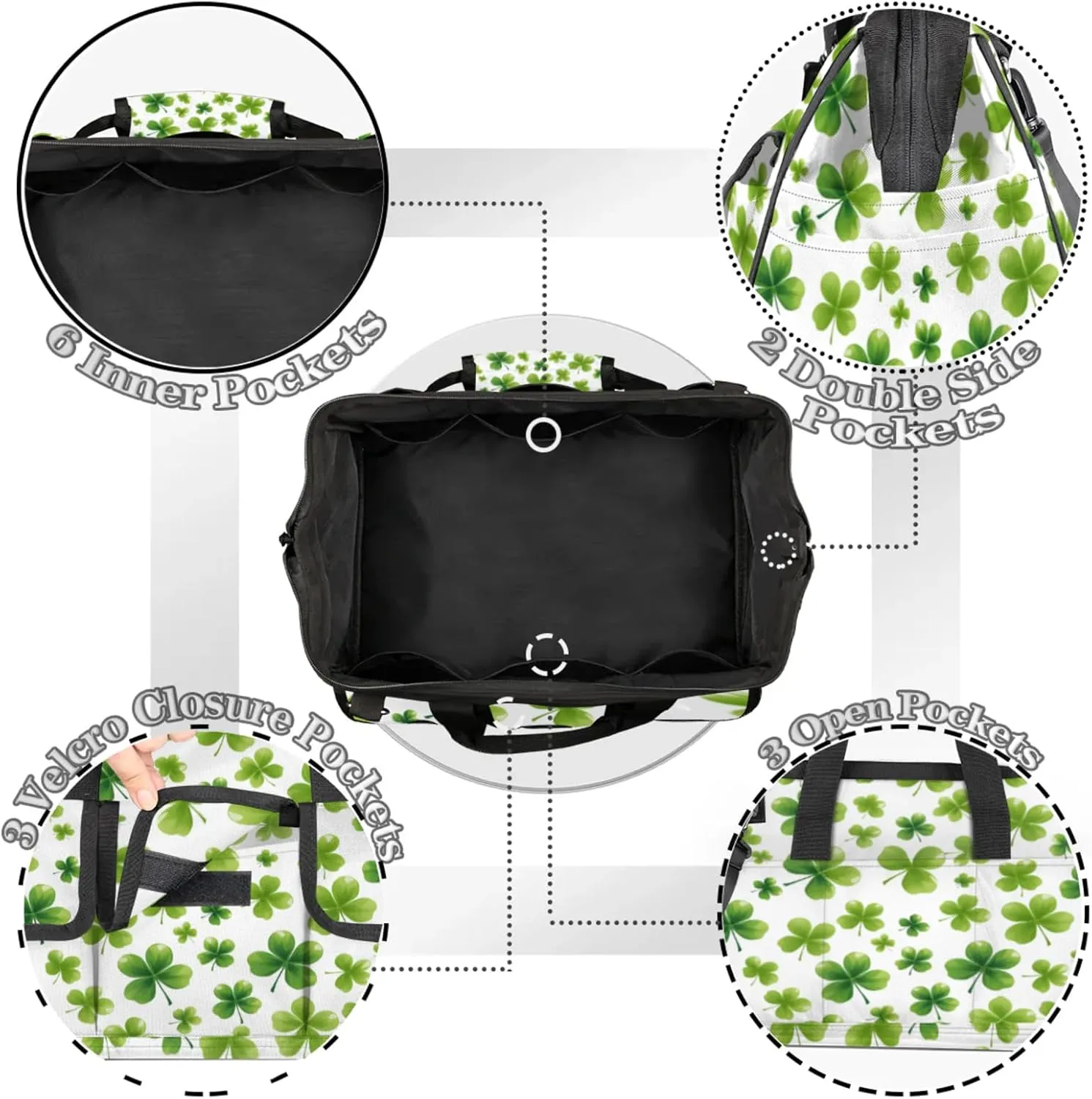 St Patricks Day Lucky Clover Heavy Duty Tool Bags for Men and Women 14.8 Inch, Soft Wide Mouth Tool Tote Organizer Bag with Adjustable Shoulder Strap