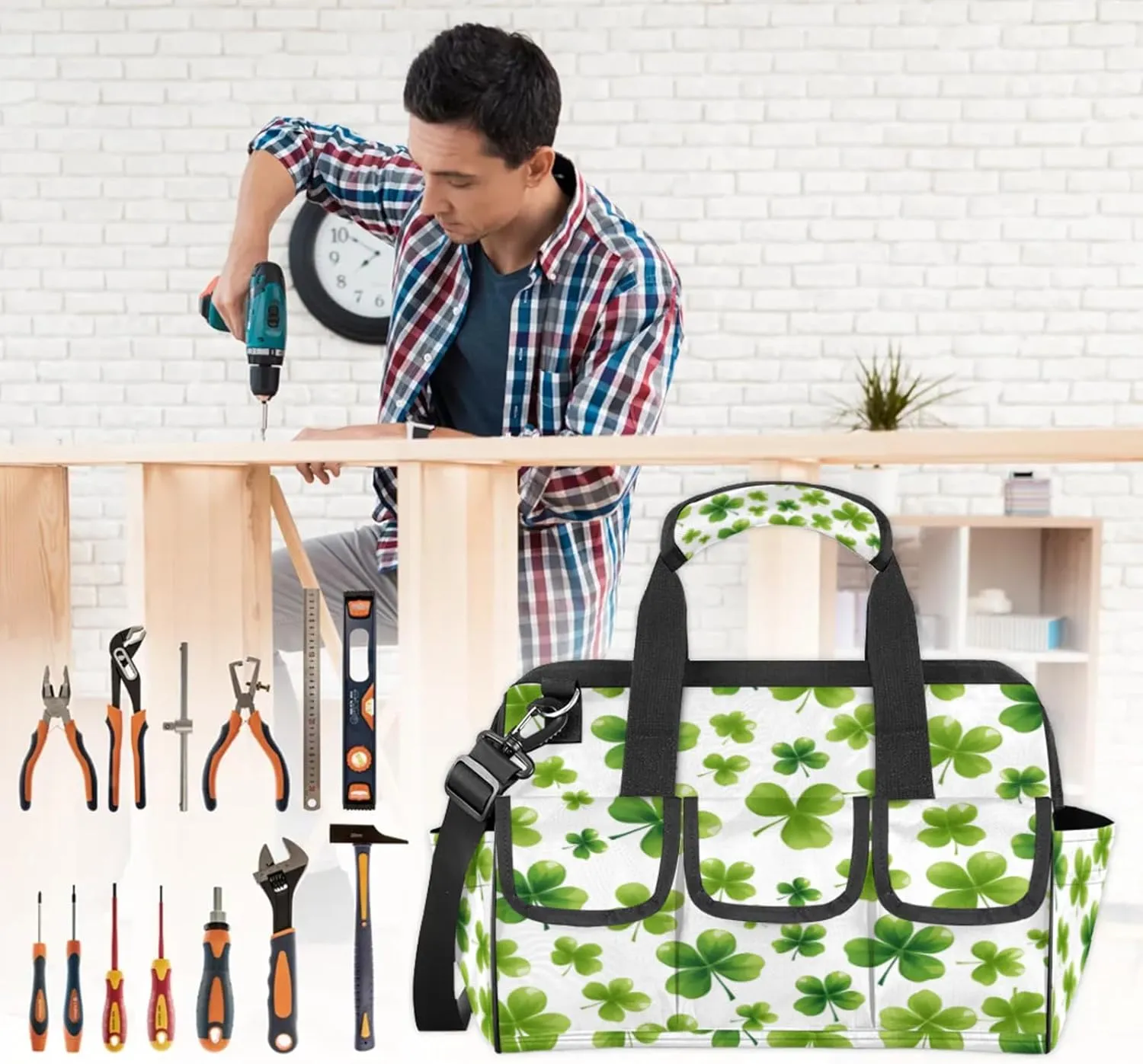 St Patricks Day Lucky Clover Heavy Duty Tool Bags for Men and Women 14.8 Inch, Soft Wide Mouth Tool Tote Organizer Bag with Adjustable Shoulder Strap