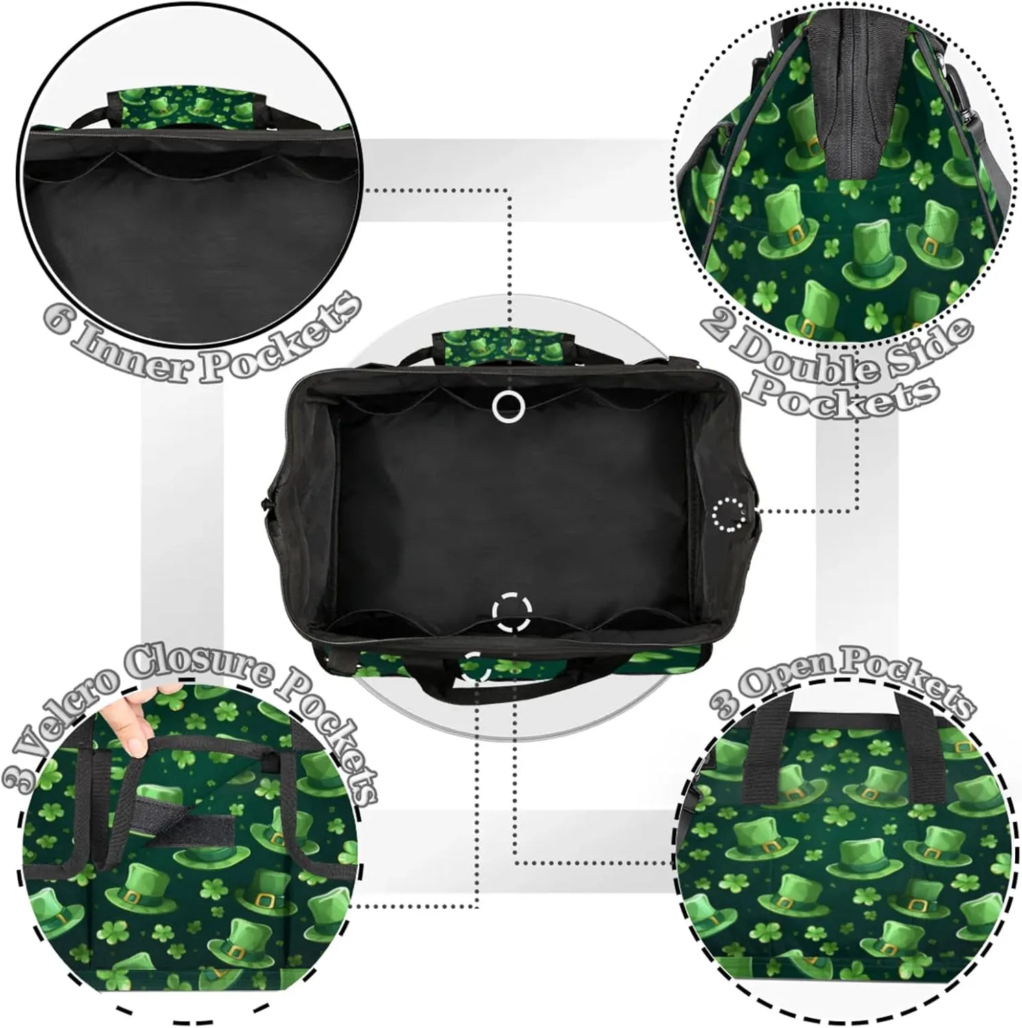St Patricks Day Shamrock Luck Hat Heavy Duty Tool Bags for Men and Women 14.8 Inch, Soft Wide Mouth Tool Tote Organizer Bag with Adjustable Shoulder Strap
