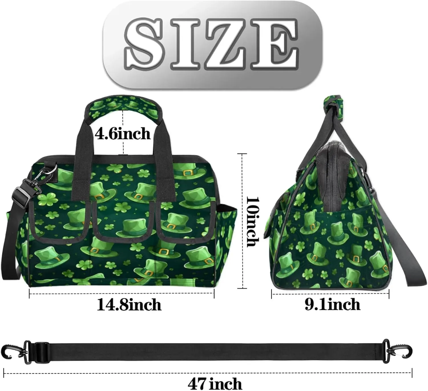 St Patricks Day Shamrock Luck Hat Heavy Duty Tool Bags for Men and Women 14.8 Inch, Soft Wide Mouth Tool Tote Organizer Bag with Adjustable Shoulder Strap