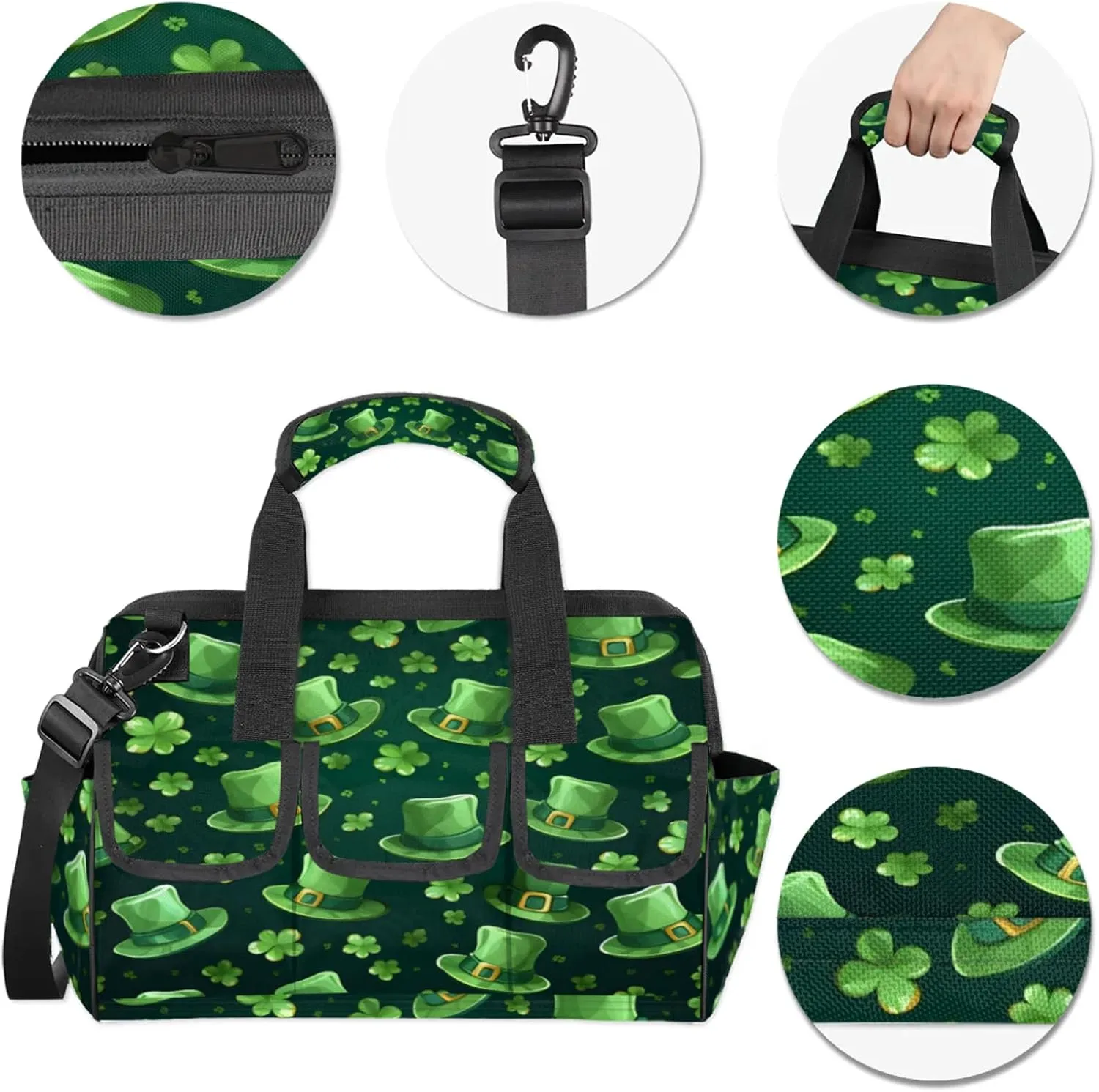 St Patricks Day Shamrock Luck Hat Heavy Duty Tool Bags for Men and Women 14.8 Inch, Soft Wide Mouth Tool Tote Organizer Bag with Adjustable Shoulder Strap