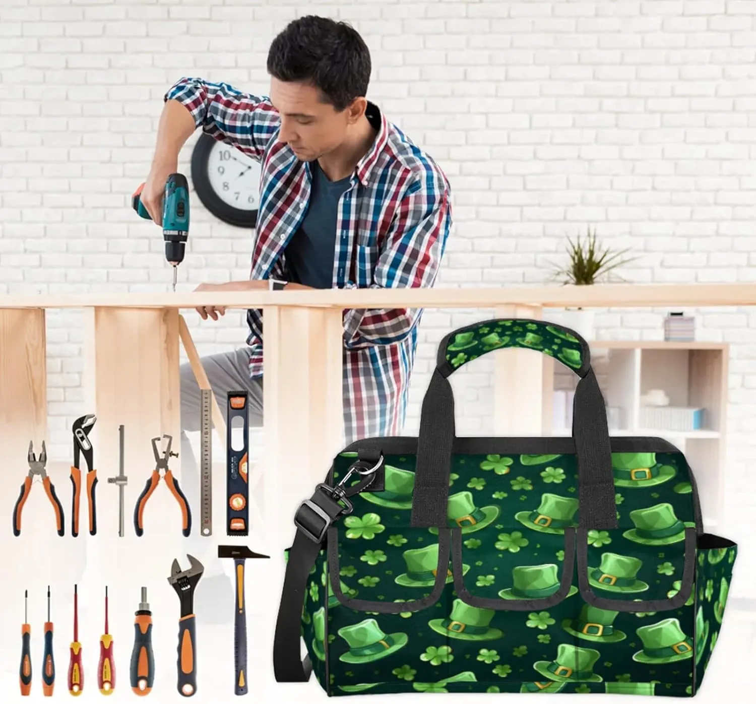 St Patricks Day Shamrock Luck Hat Heavy Duty Tool Bags for Men and Women 14.8 Inch, Soft Wide Mouth Tool Tote Organizer Bag with Adjustable Shoulder Strap