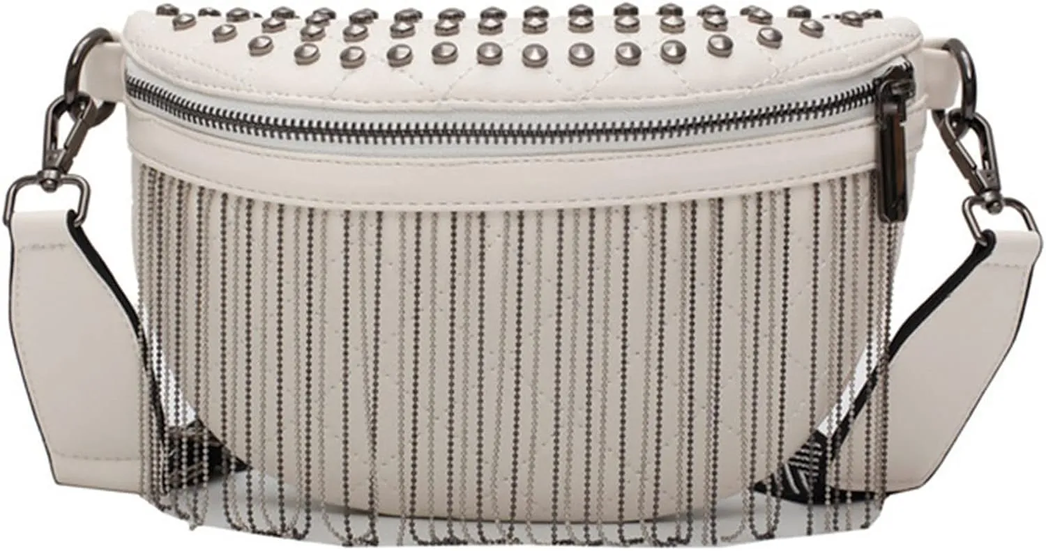 Steampunk Waist Bag Rivet Tassel Chest Bag For Women Women's Punk Bag Banana Crossbody Bag Purse Waist Packs(White)