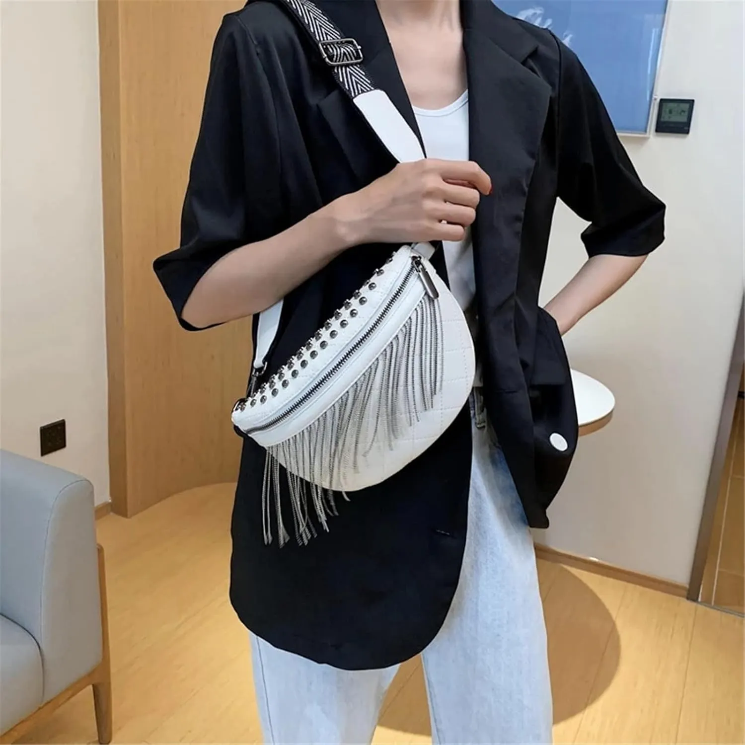 Steampunk Waist Bag Rivet Tassel Chest Bag For Women Women's Punk Bag Banana Crossbody Bag Purse Waist Packs(White)