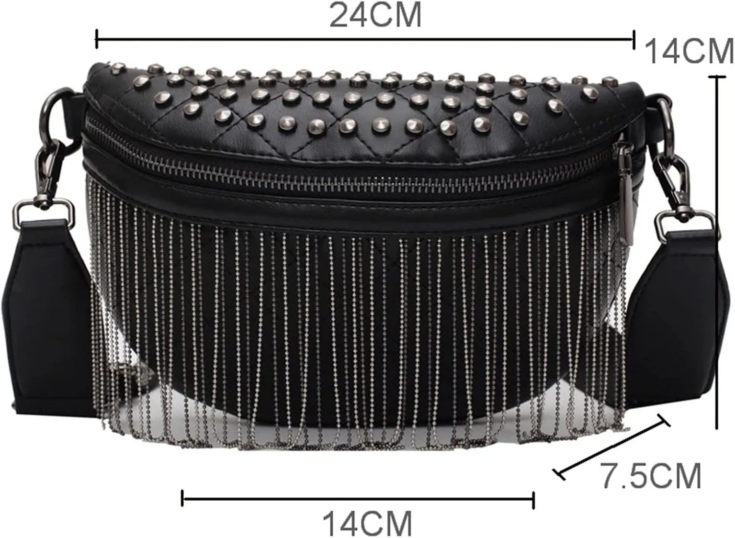 Steampunk Waist Bag Rivet Tassel Chest Bag For Women Women's Punk Bag Banana Crossbody Bag Purse Waist Packs(White)