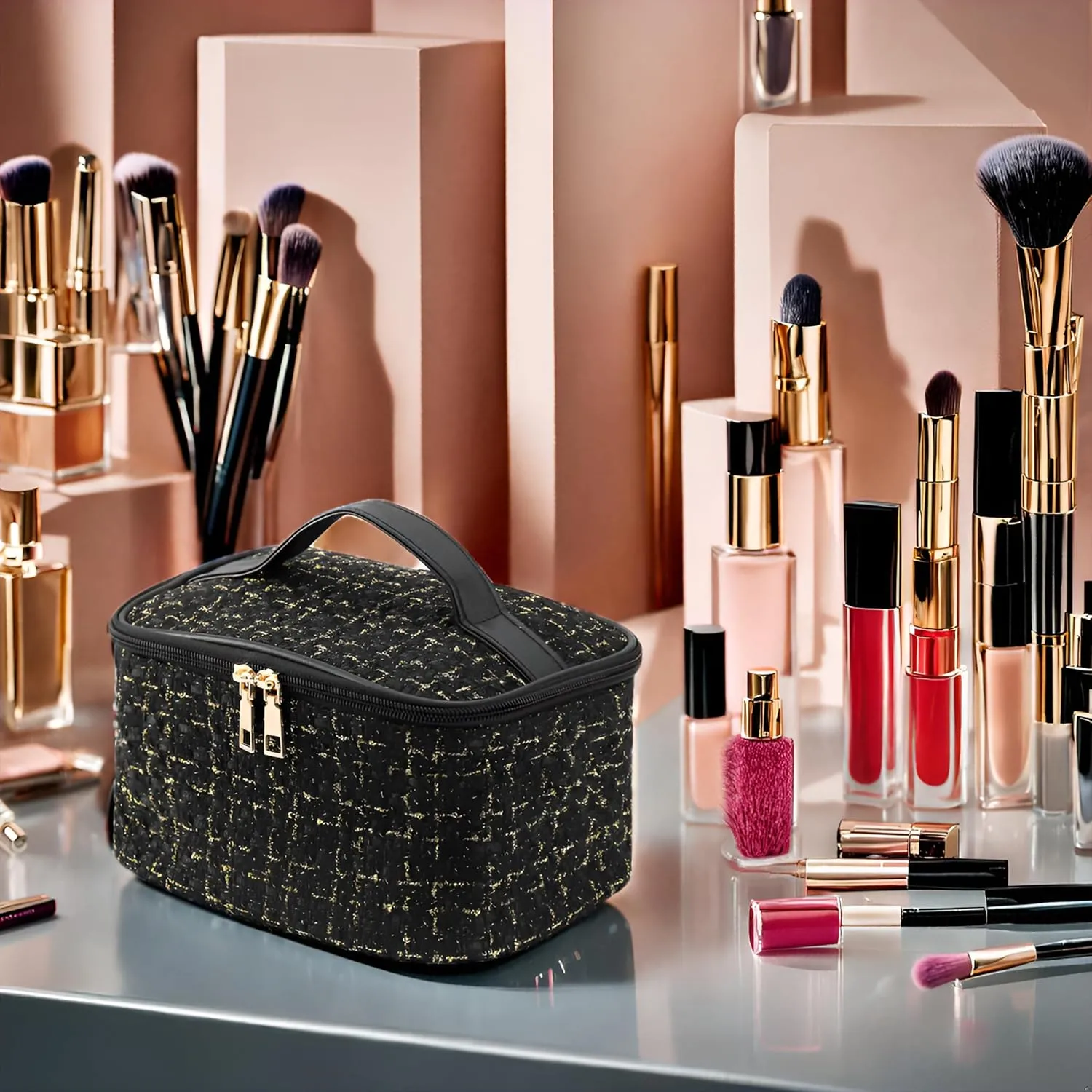 Stylish Black Woolen Makeup Bag Large Cosmetic Bag Cute Pouches for Purse Travel Makeup Bag for Women