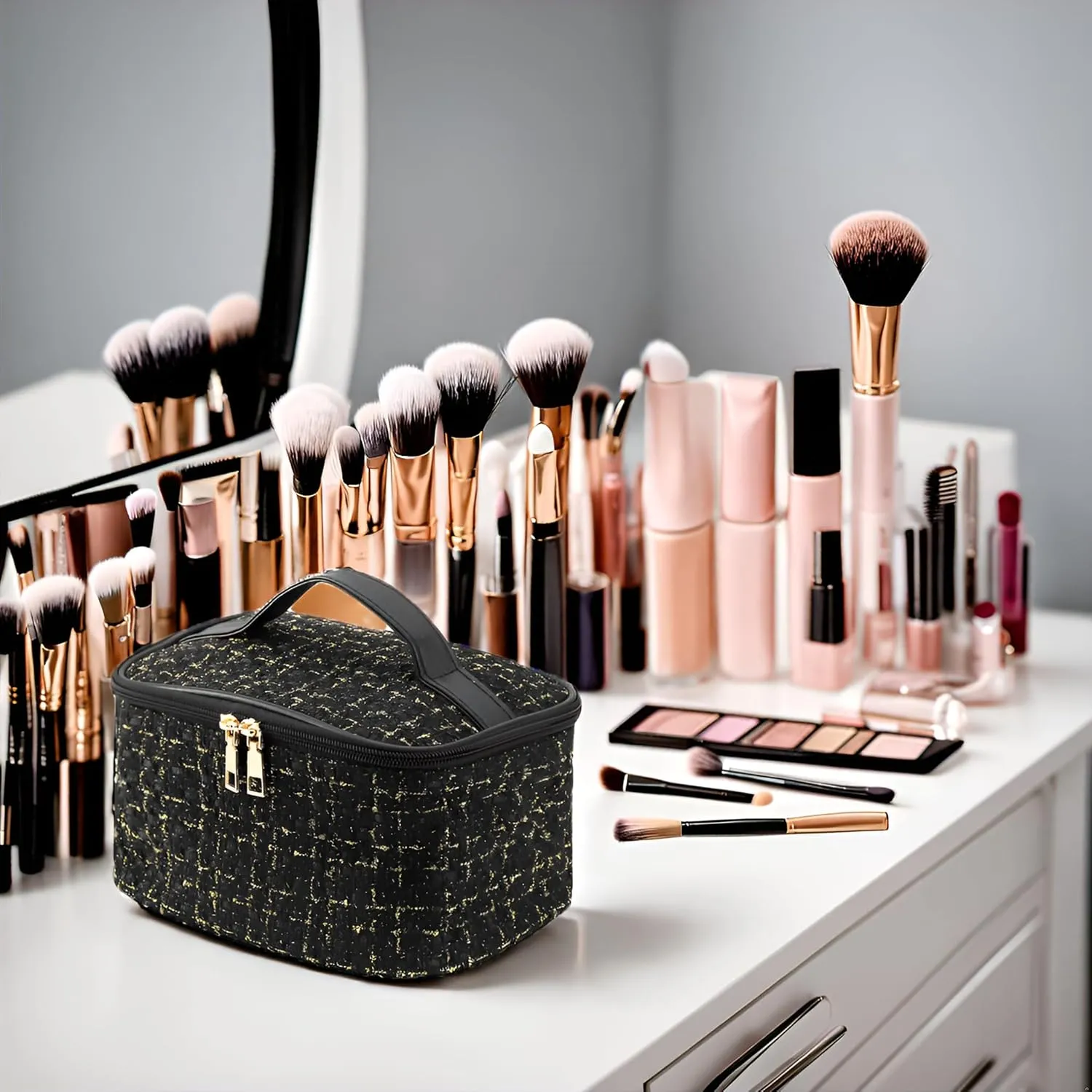 Stylish Black Woolen Makeup Bag Large Cosmetic Bag Cute Pouches for Purse Travel Makeup Bag for Women