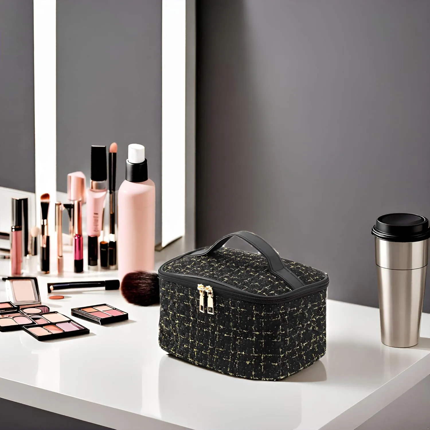 Stylish Black Woolen Makeup Bag Large Cosmetic Bag Cute Pouches for Purse Travel Makeup Bag for Women