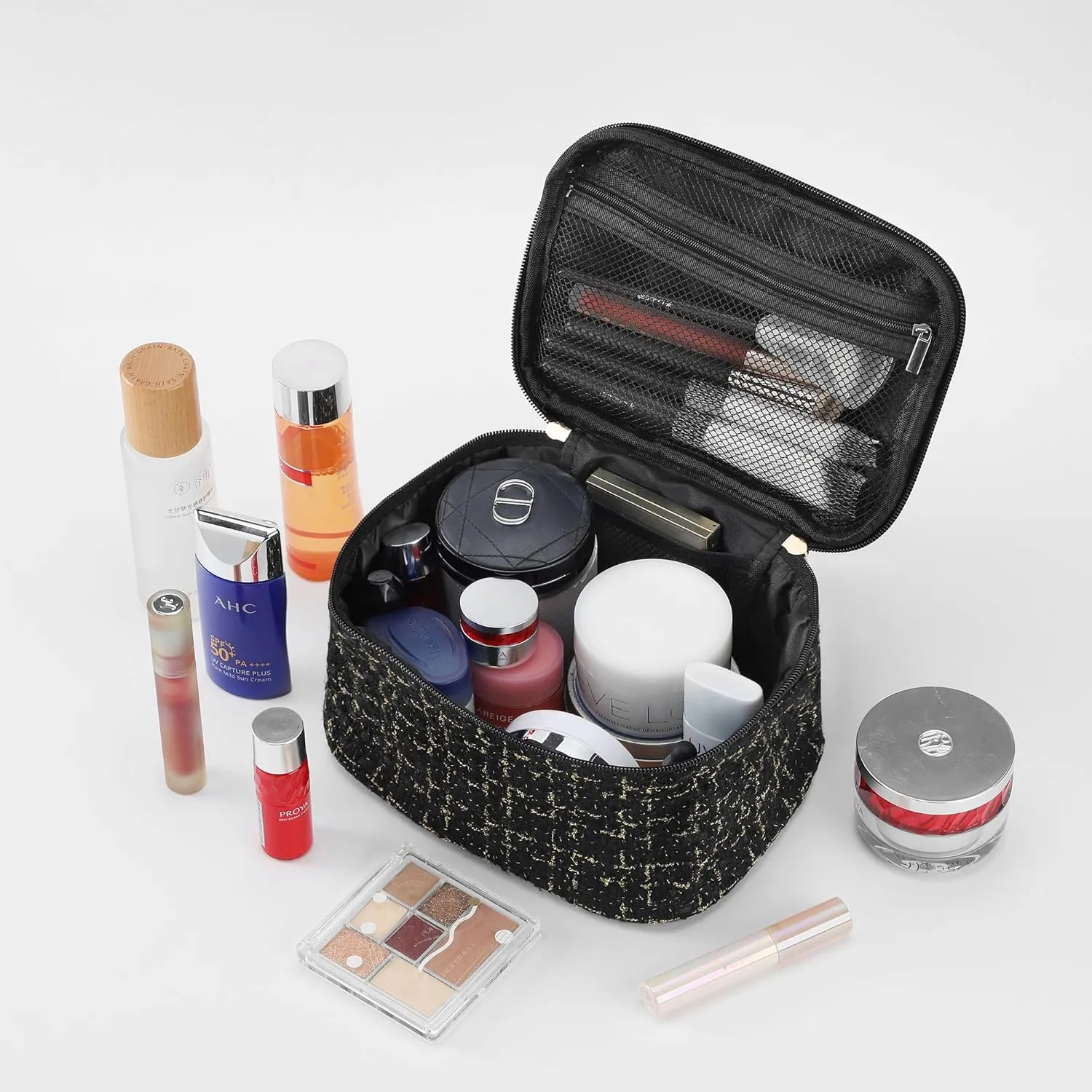 Stylish Black Woolen Makeup Bag Large Cosmetic Bag Cute Pouches for Purse Travel Makeup Bag for Women