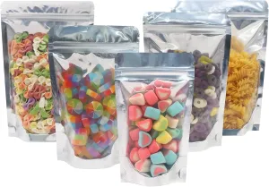 SumDirect 100pcs Disposable Food Storage Bags,Resealable Zipper Stand up Mylar Bags Pouches with Notch for Small Business Packaging Supplies and Party Favors (100, 5x8 inch)
