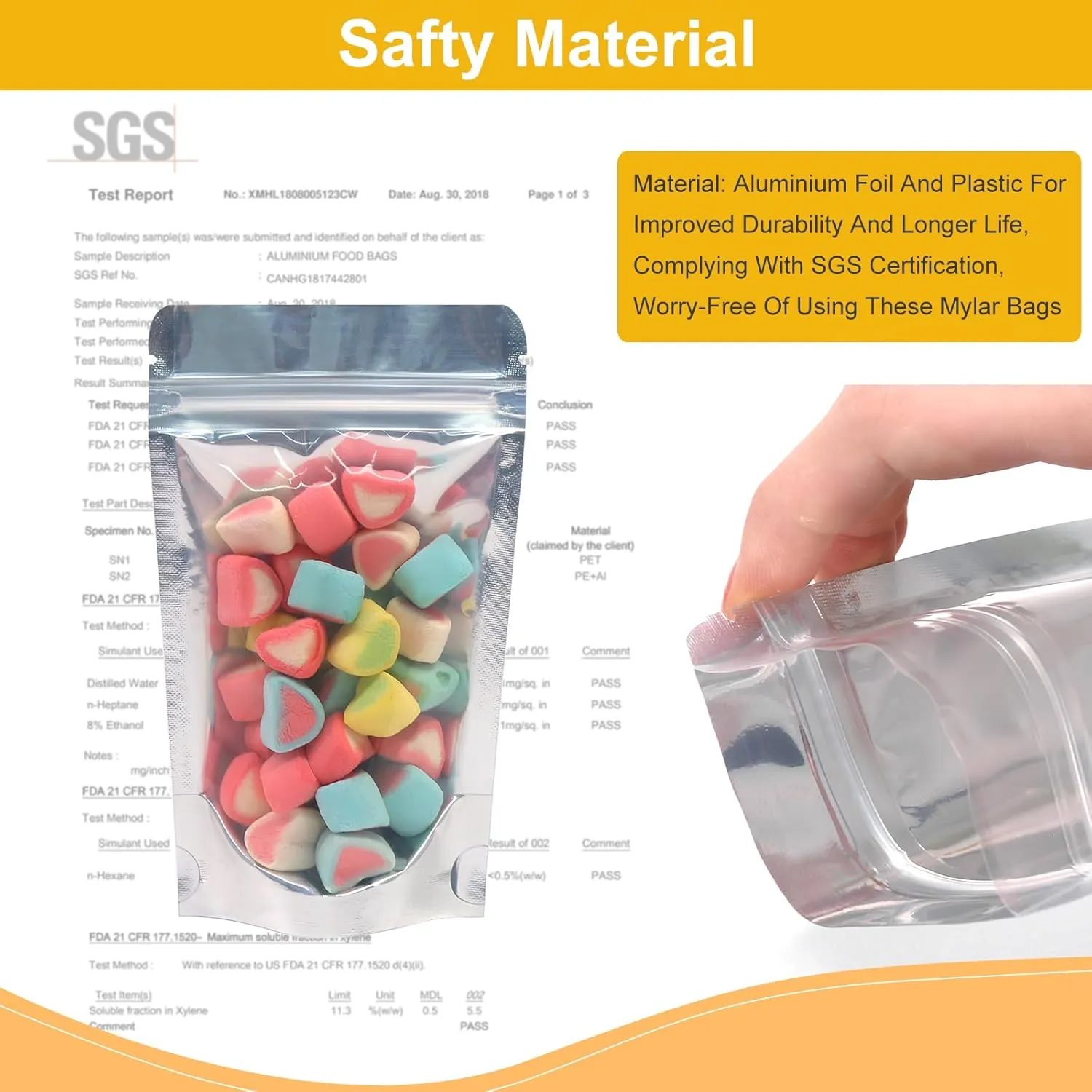 SumDirect 100pcs Disposable Food Storage Bags,Resealable Zipper Stand up Mylar Bags Pouches with Notch for Small Business Packaging Supplies and Party Favors (100, 5x8 inch)