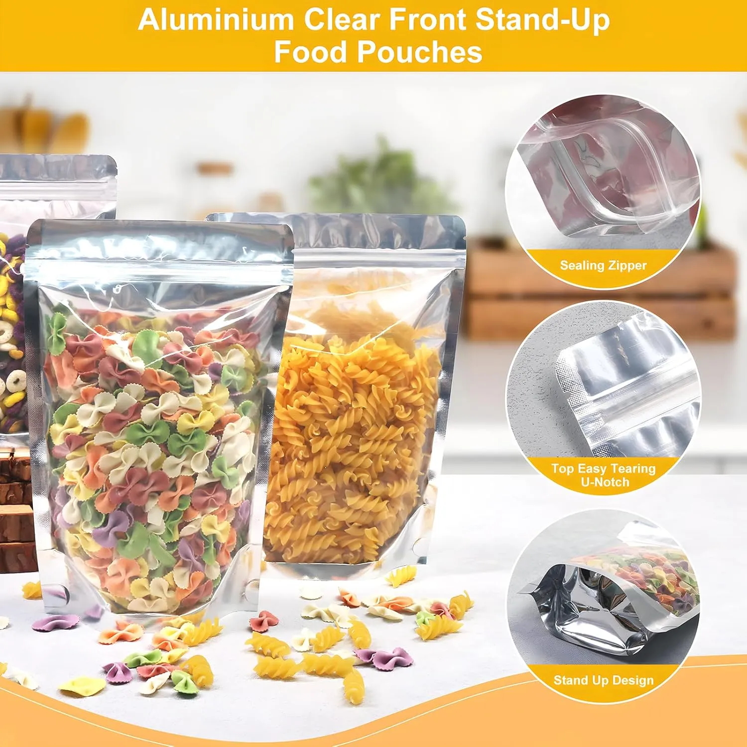 SumDirect 100pcs Disposable Food Storage Bags,Resealable Zipper Stand up Mylar Bags Pouches with Notch for Small Business Packaging Supplies and Party Favors (100, 5x8 inch)