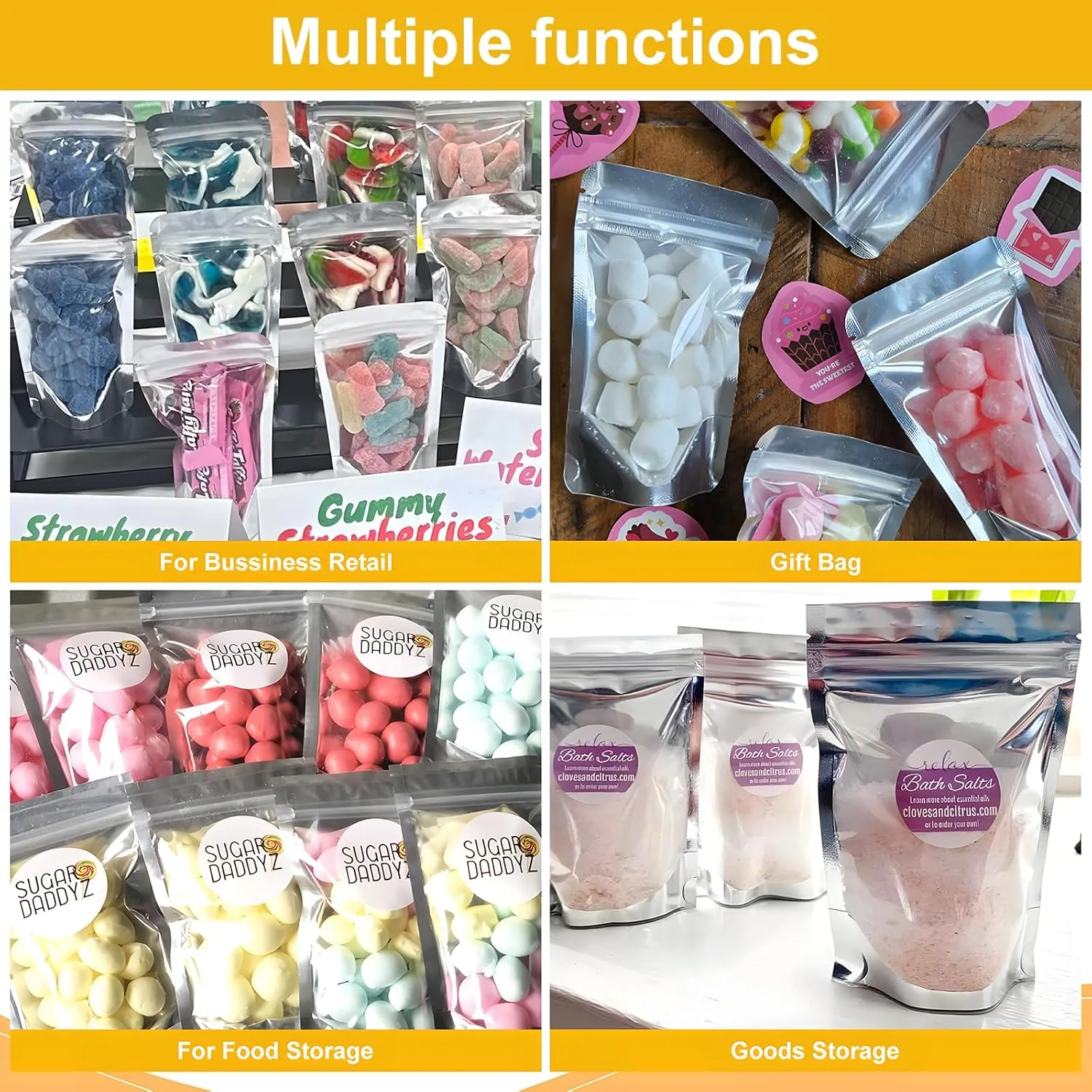 SumDirect 100pcs Disposable Food Storage Bags,Resealable Zipper Stand up Mylar Bags Pouches with Notch for Small Business Packaging Supplies and Party Favors (100, 5x8 inch)
