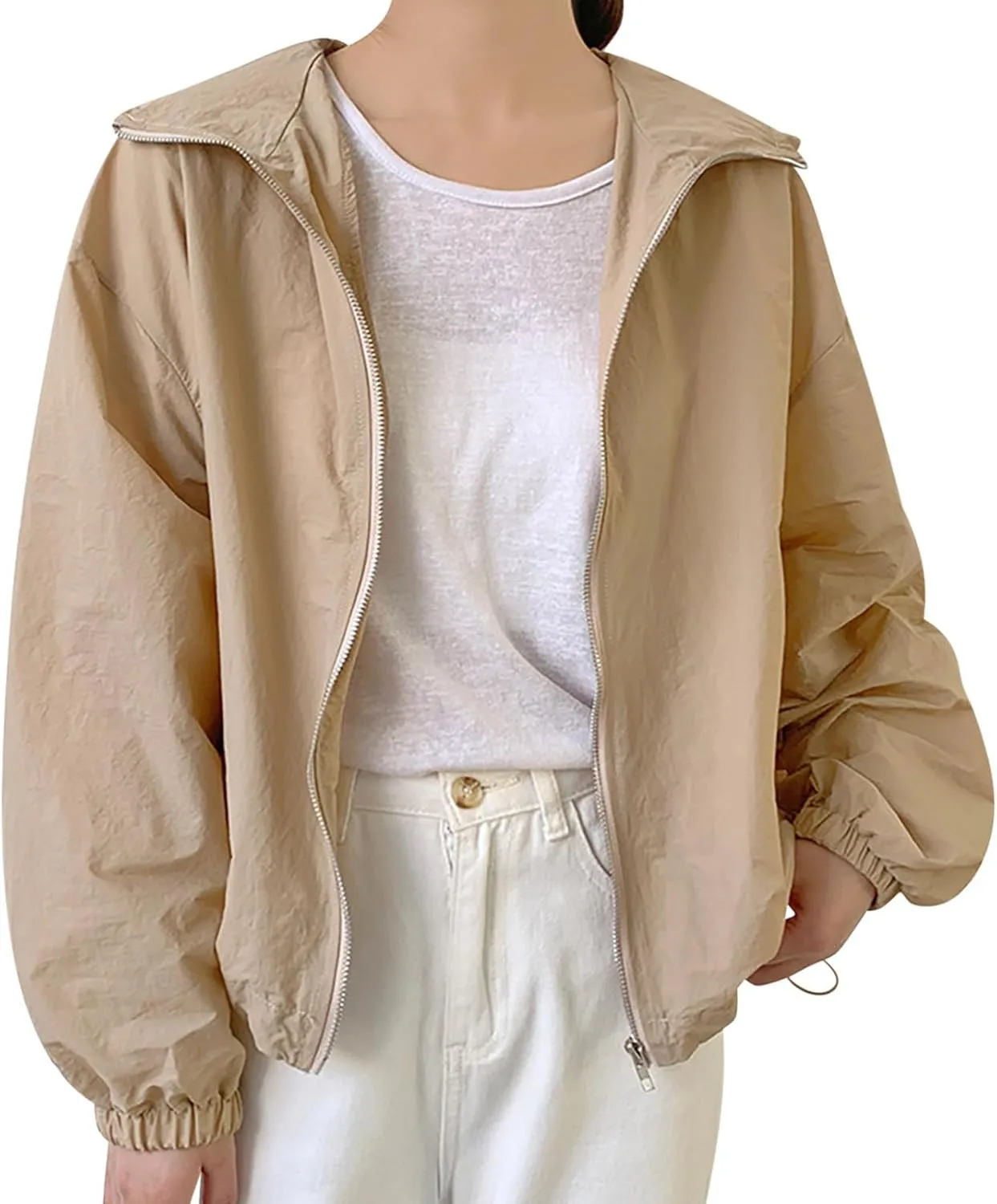 Summer Crop Jackets for Women Fashion Lightweight Solid Color Sun Protection Hiking Beach Coats with Pockets