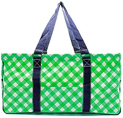 Summer Plaid All Purpose Large Utility Bag Collapsible Wire Frame Green