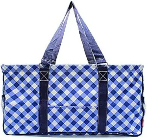 Summer Plaid All Purpose Large Utility Bag Collapsible Wire Frame Navy Blue
