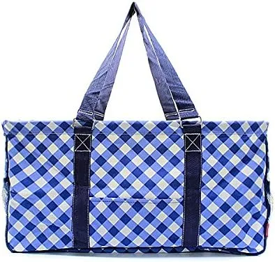 Summer Plaid All Purpose Large Utility Bag Collapsible Wire Frame Navy Blue