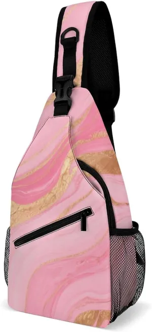 Supdreamc Men & Women Sling Shoulder Backpack Pink Golden Marble Texture Art Outdoor Sport Daypack Travel Bag - Multipurpose Anti-Theft Tote Bags, Durable Crossbody Shoulder Bag