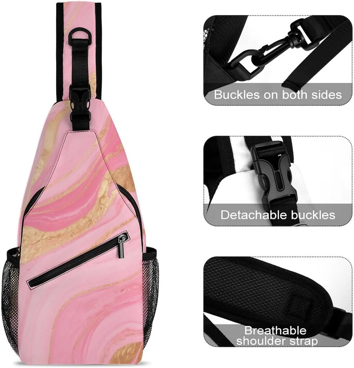 Supdreamc Men & Women Sling Shoulder Backpack Pink Golden Marble Texture Art Outdoor Sport Daypack Travel Bag - Multipurpose Anti-Theft Tote Bags, Durable Crossbody Shoulder Bag