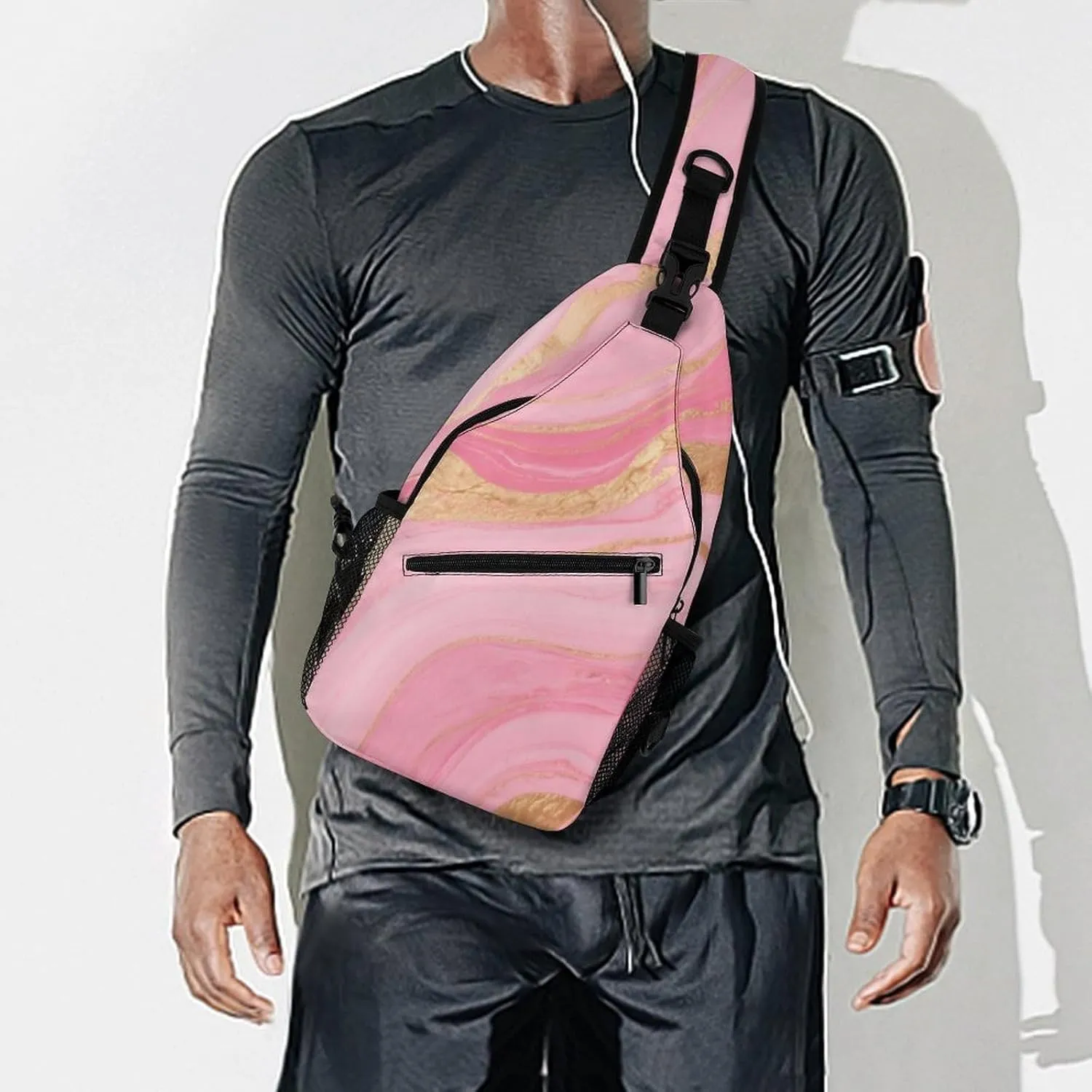 Supdreamc Men & Women Sling Shoulder Backpack Pink Golden Marble Texture Art Outdoor Sport Daypack Travel Bag - Multipurpose Anti-Theft Tote Bags, Durable Crossbody Shoulder Bag
