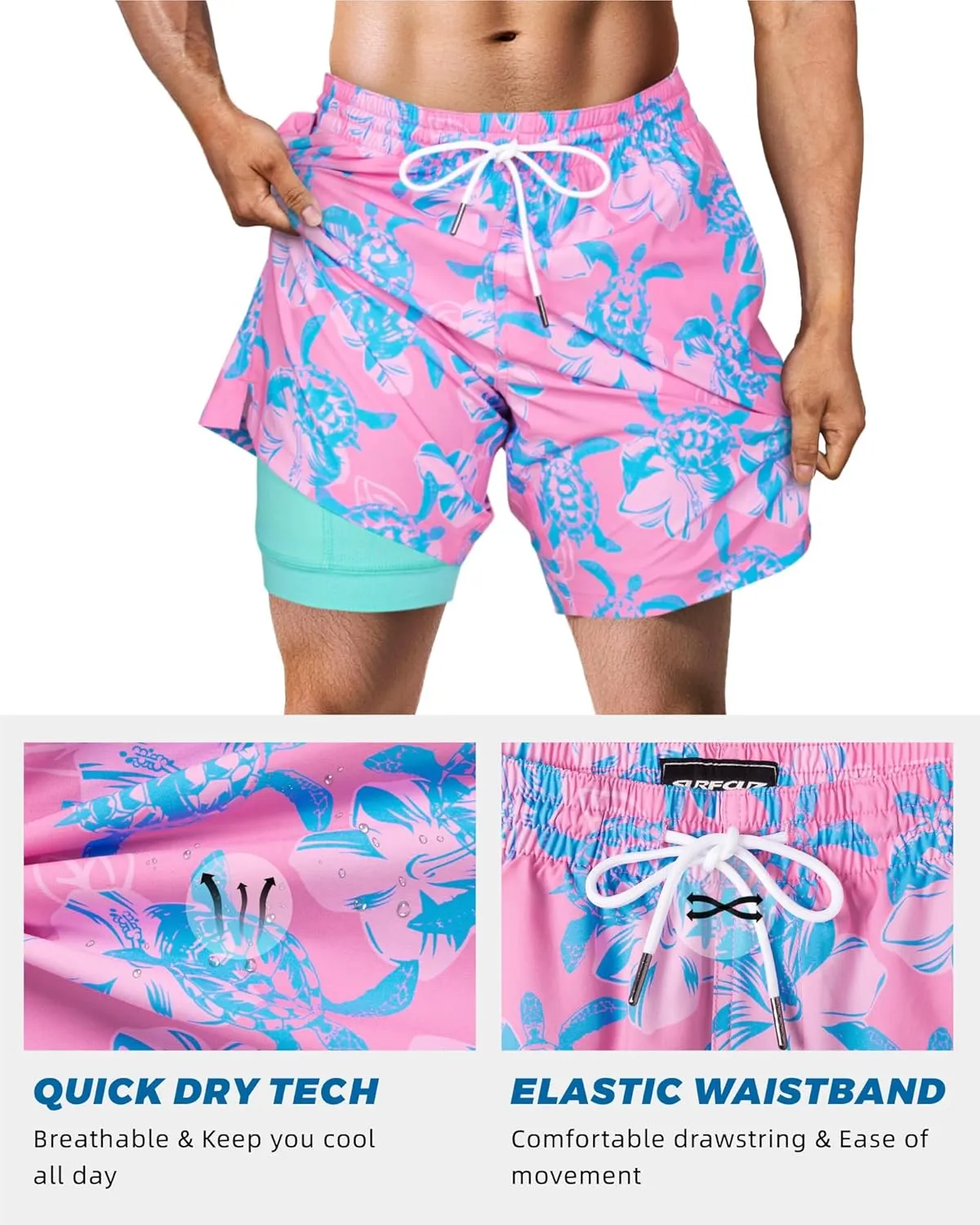 SURF CUZ Mens Swim Trunks with Compression Liner Swim Shorts 7" Swimming Trunks Stretch 7 Inch Swim Suits Quick Dry