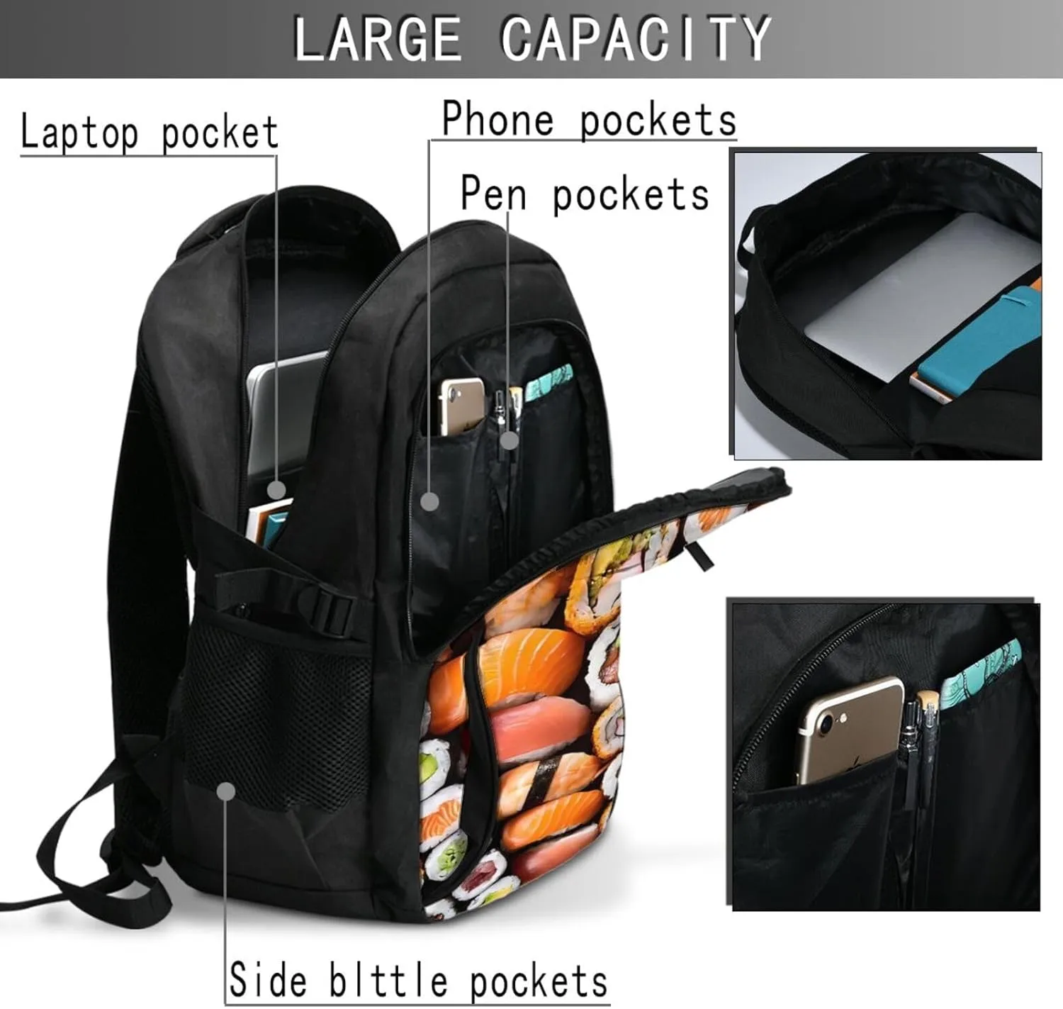 Sushi Travel Laptop Backpack,18 Inch Carry on Backpack for Men Women with USB Port, Work Computer Backpack