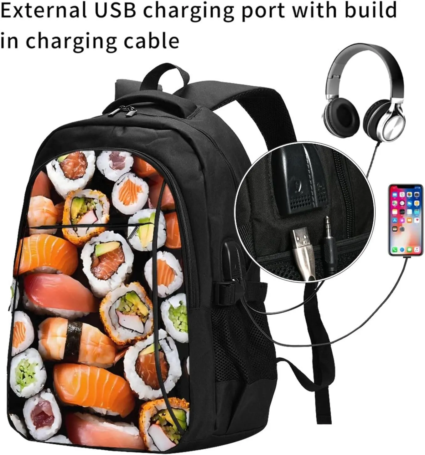 Sushi Travel Laptop Backpack,18 Inch Carry on Backpack for Men Women with USB Port, Work Computer Backpack