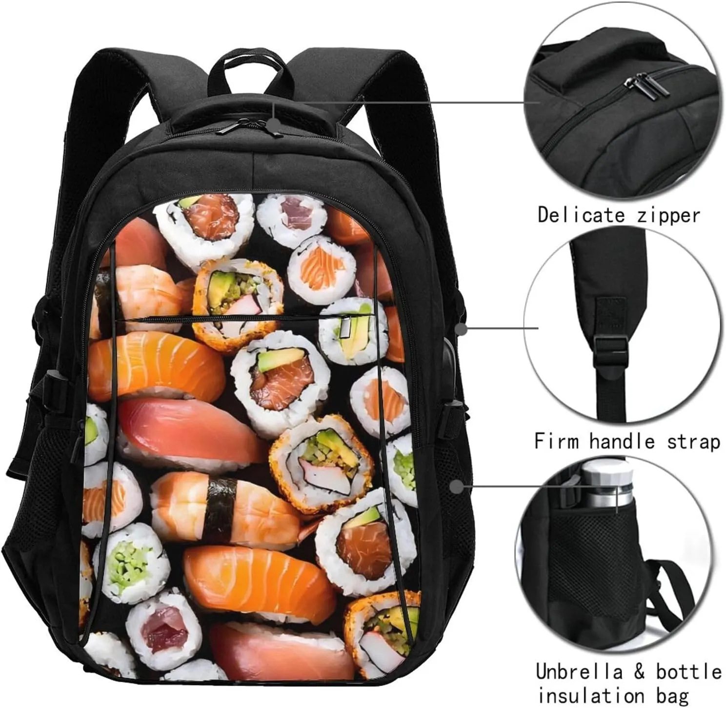 Sushi Travel Laptop Backpack,18 Inch Carry on Backpack for Men Women with USB Port, Work Computer Backpack