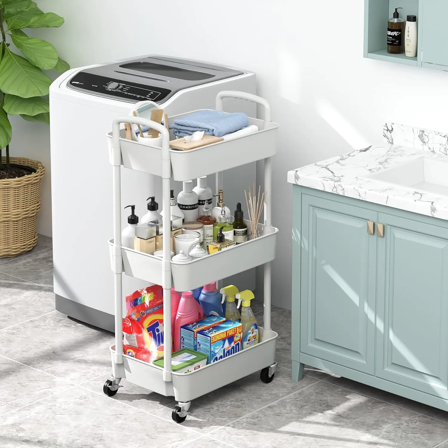 Sywhitta 3-Tier Plastic Rolling Utility Cart with Handle, Multi-Functional Storage Trolley for Office, Living Room, Kitchen, Movable Storage Organizer with Wheels, White