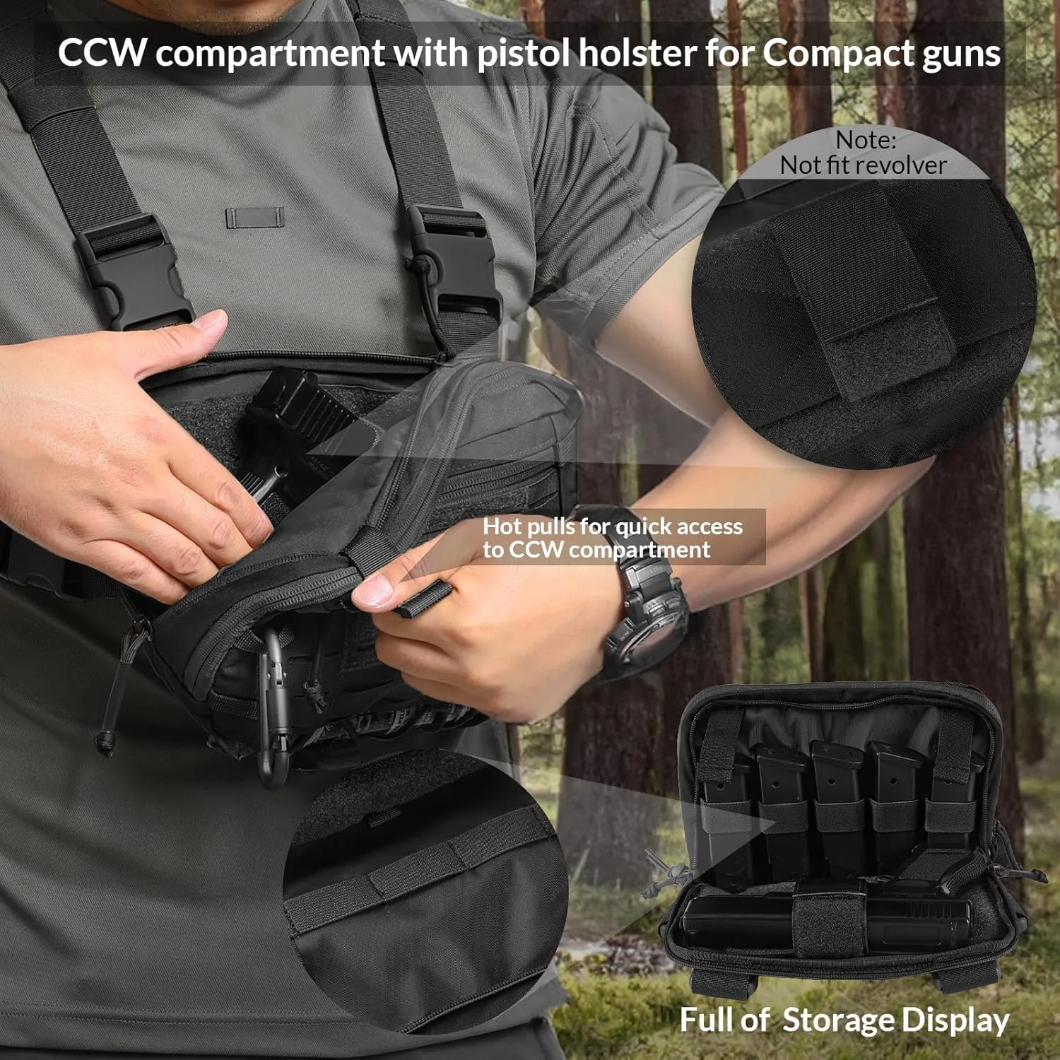 Tactical EDC Chest Bag 2L Utility Molle Chest Rig Pouch with CCW Compartment Adjustable Strap Outdoor