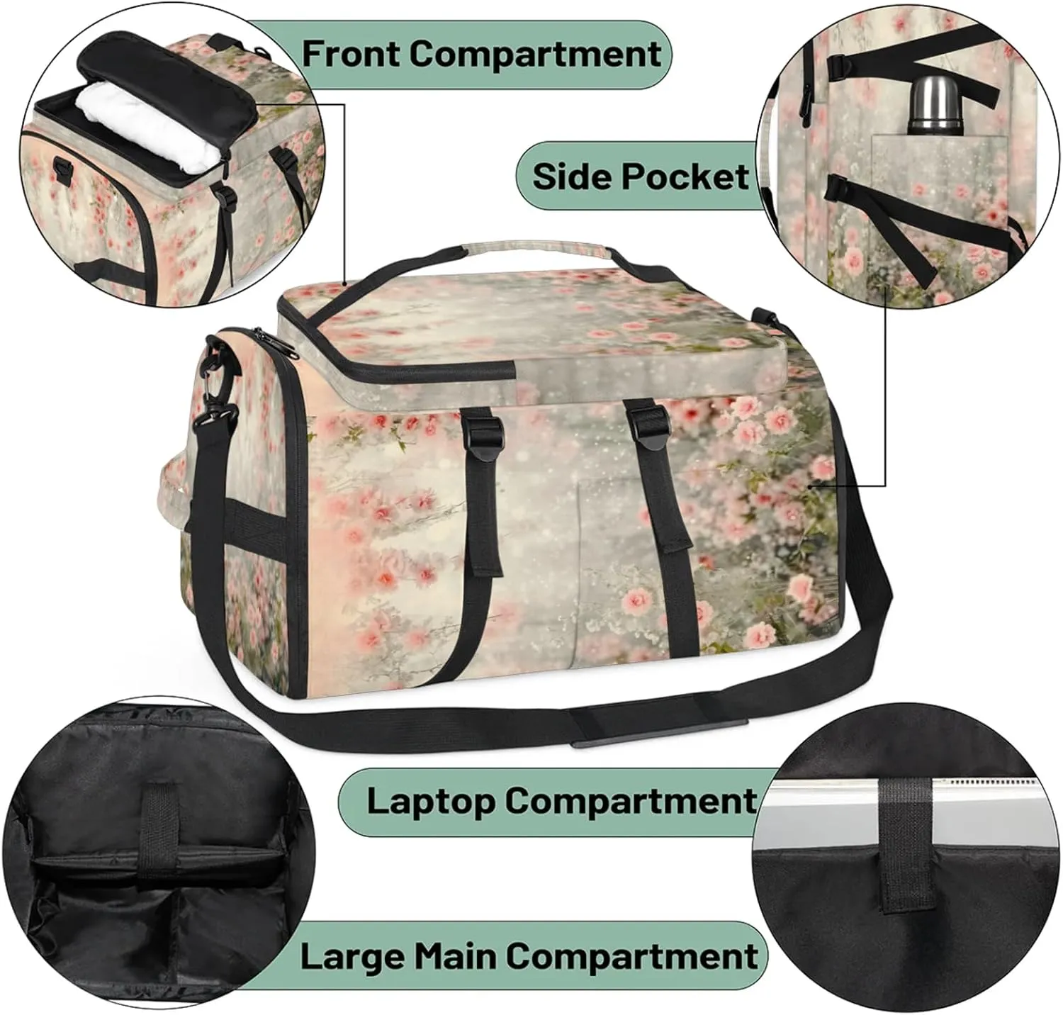 Tactical Sports Duffle Bag for Travel Waterproof Gym Bag with Shoe Compartment 48L Carry On Luggage for Men & Women 3-in-1 Durable Travel Luggage Romantic Small Flowers